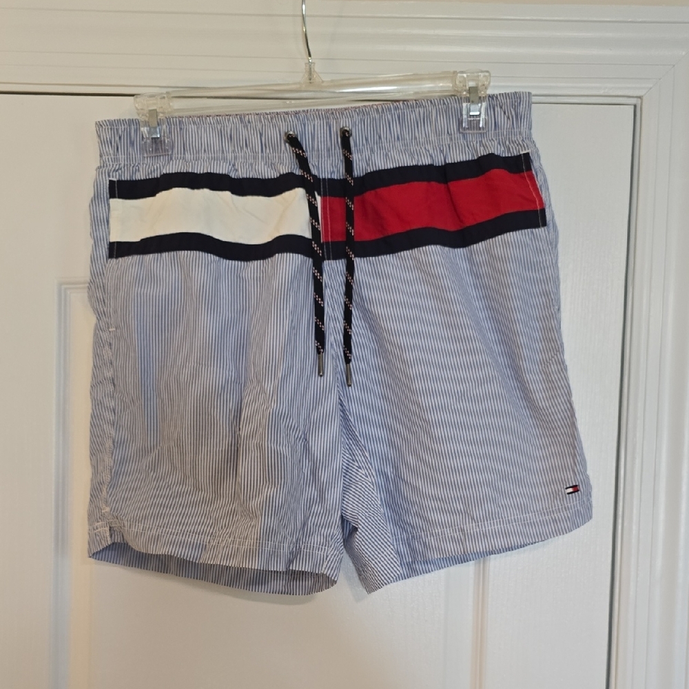 Tommy Hilfiger Striped Swim Trunks with Red and White Accents